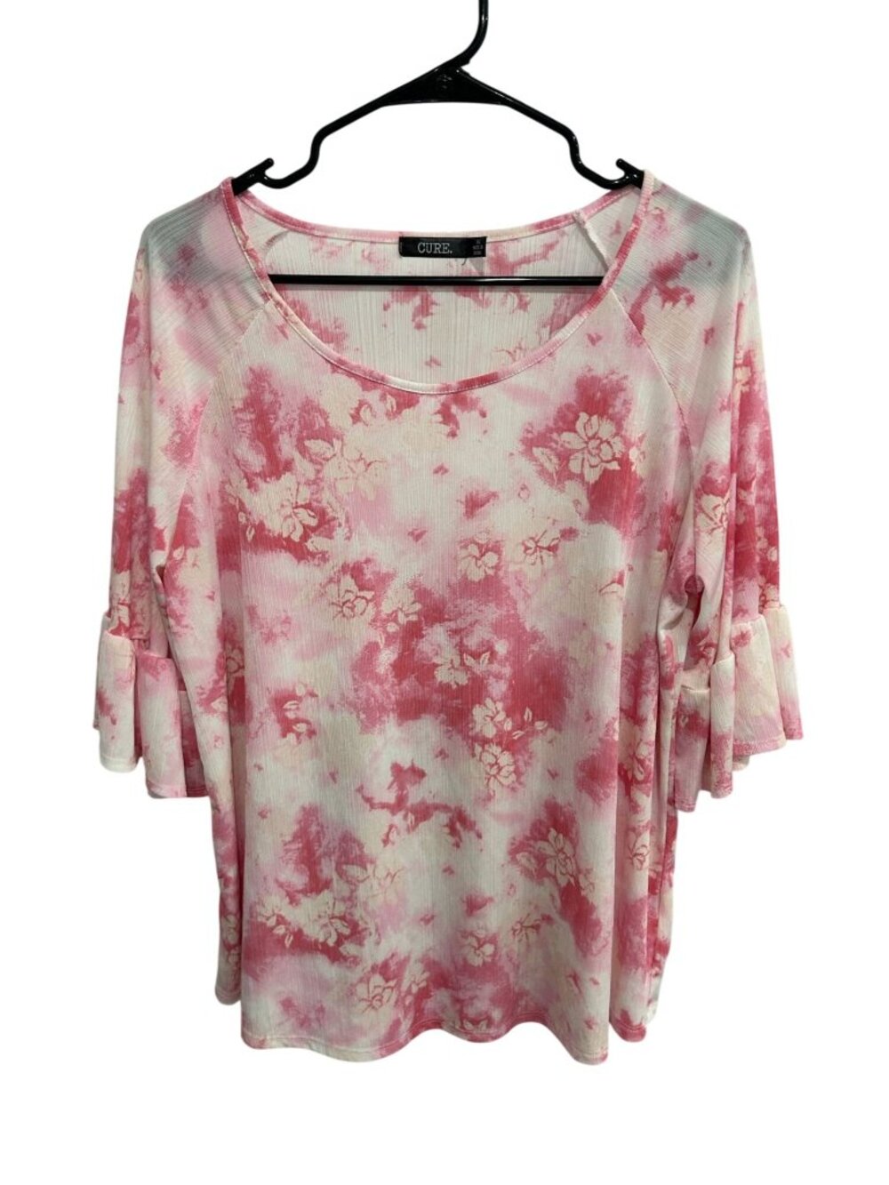 CURE XL Pink White Floral Tie-Dye Ruffle Sleeve Stretchy Top Boho Whimsical